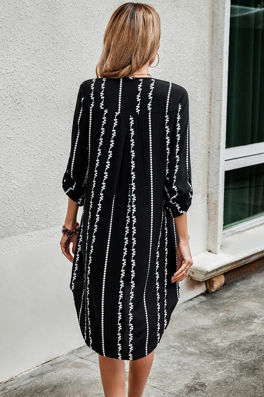 Striped Print Roll Tab Sleeve Tunic Loose Dress