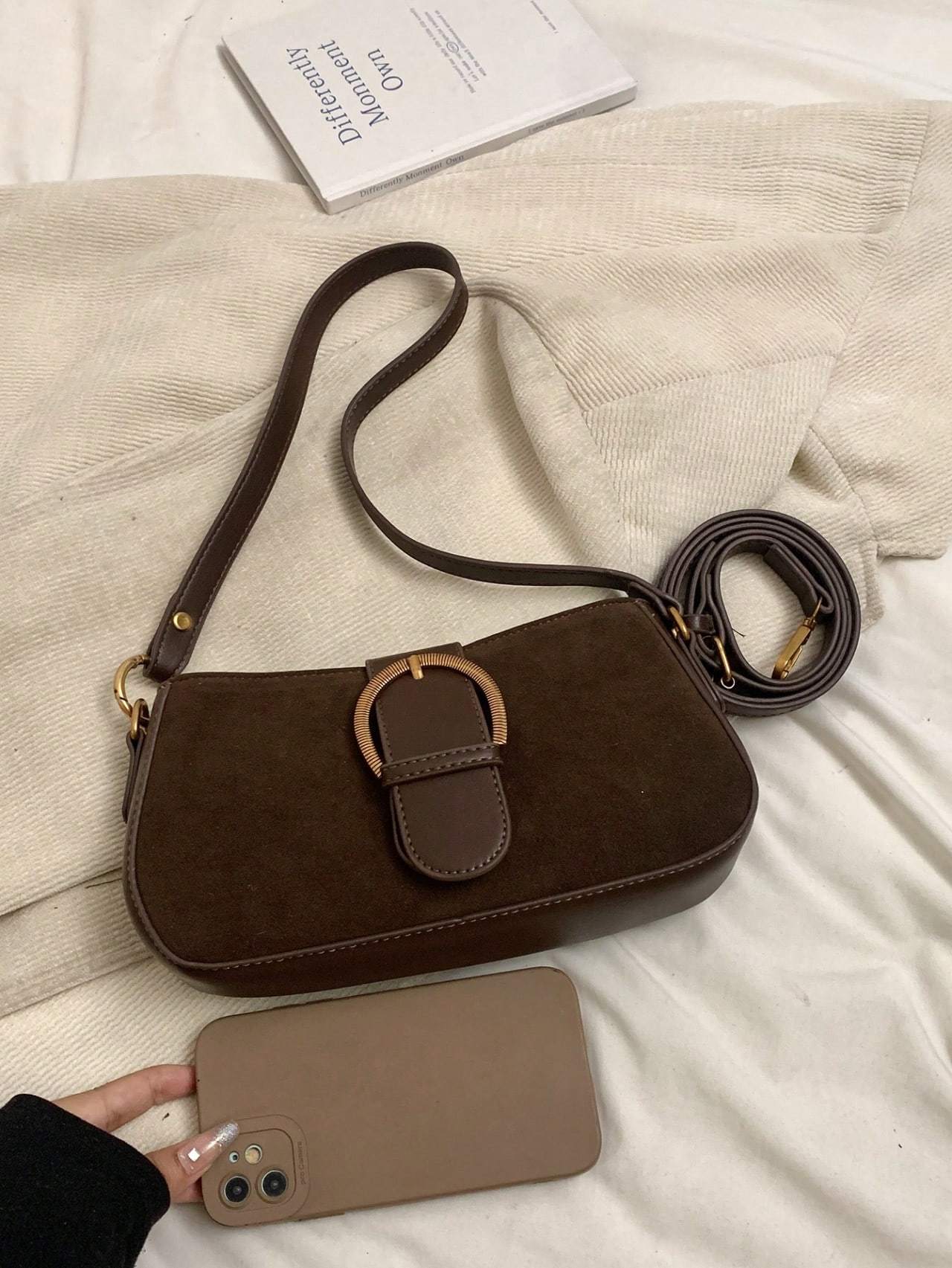 Women’s Retro Suede Saddle Bag – Solid Color Dual Strap Shoulder & Crossbody Purse