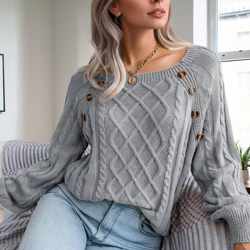 Women's Solid Color Casual Square Neck Button-Detail Knit Top - Textured Ribbed Pattern, Cozy Sweater