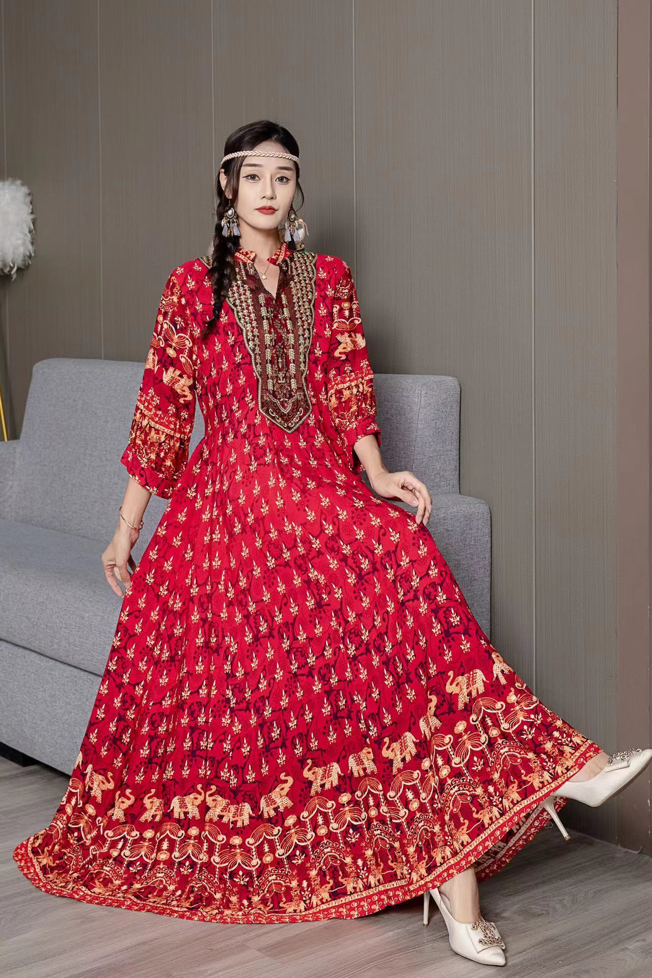 Ethnic Print V-neck Loose Slimming Retro Embroidery Dress