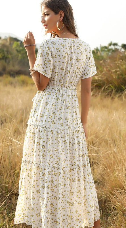 V neck floral tiered midi dress