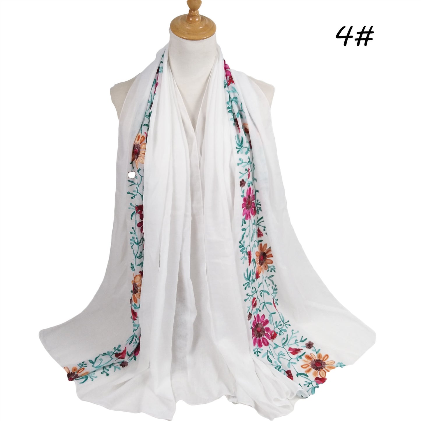 Big Flower Embroidery Cotton And Linen Headscarf Long Scarf Head Cover Hijab