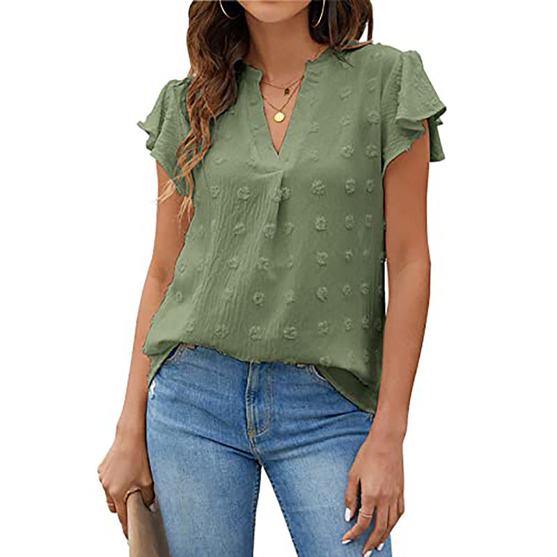 Women's V Neck Ruffle Short Sleeve Blouse Business Office Casual Top Shirts