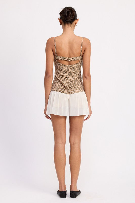 PLAID RUCHED MINI DRESS WITH CONTRAST TRIM