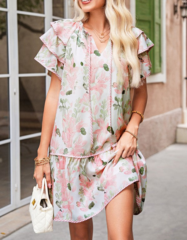 Pink Floral Contrast Edge Ruffle Tiered Dress