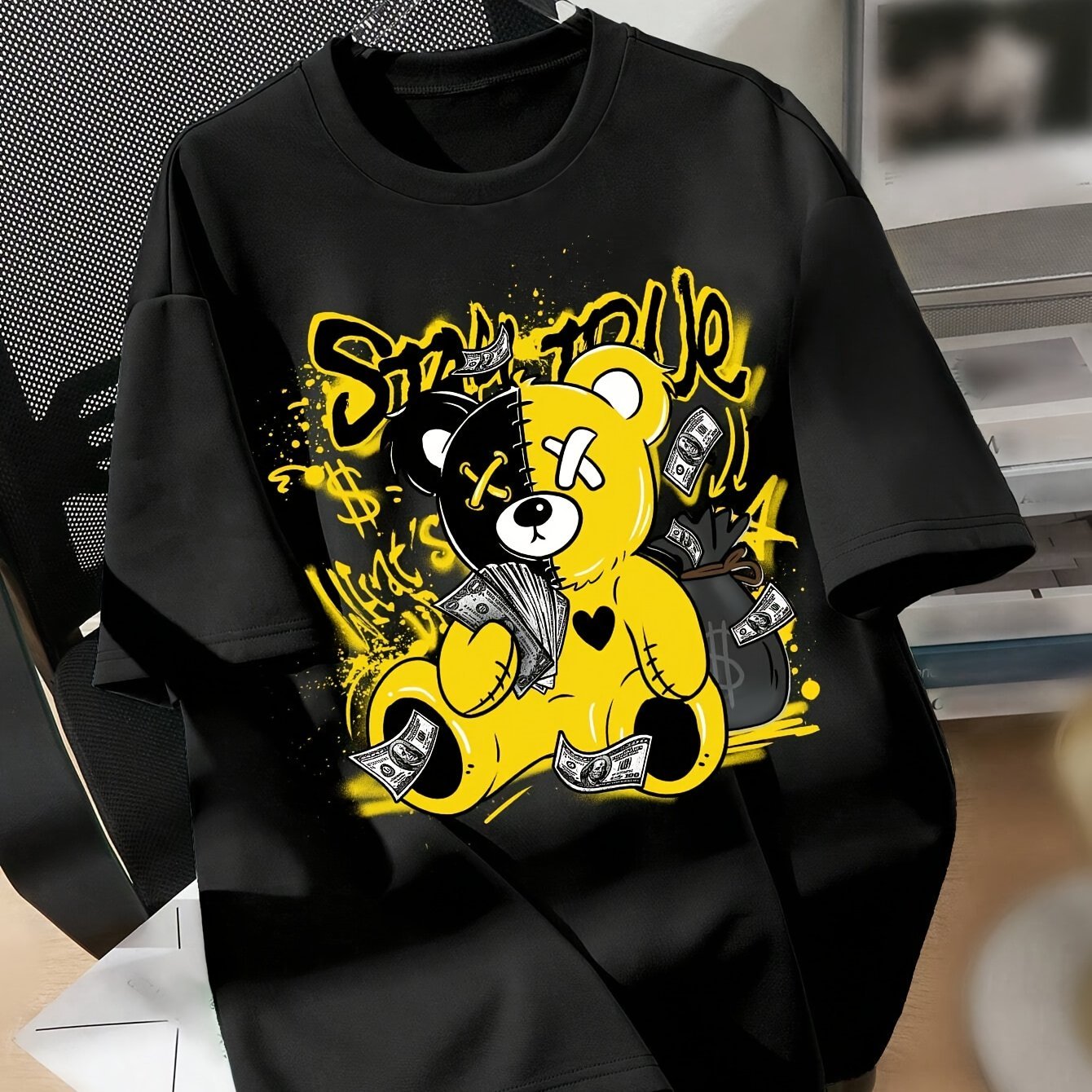 Splicing Bear And Letter Printed Casual T-shirt