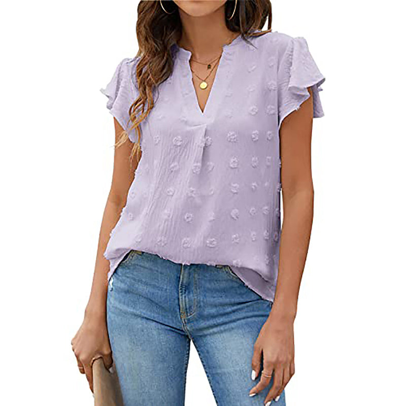 Women's V Neck Ruffle Short Sleeve Blouse Business Office Casual Top Shirts