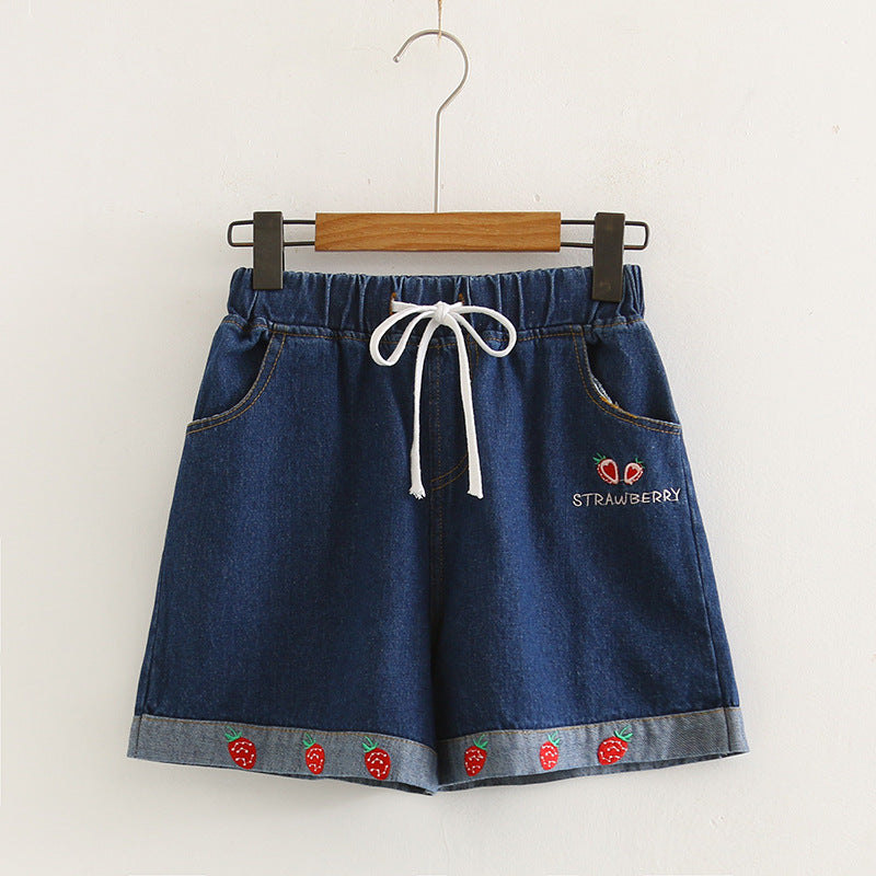 Strawberry loose wide-leg short jeans for women
