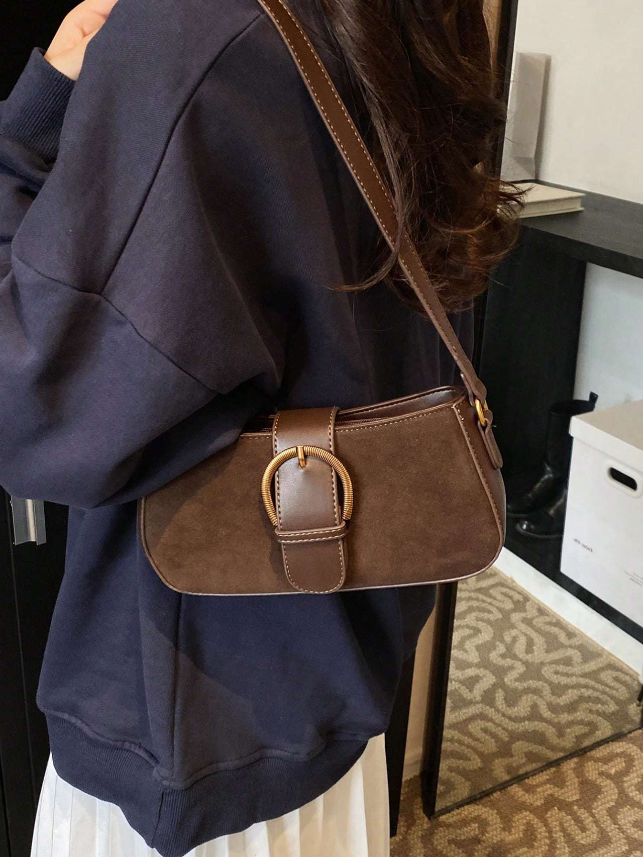 Women’s Retro Suede Saddle Bag – Solid Color Dual Strap Shoulder & Crossbody Purse