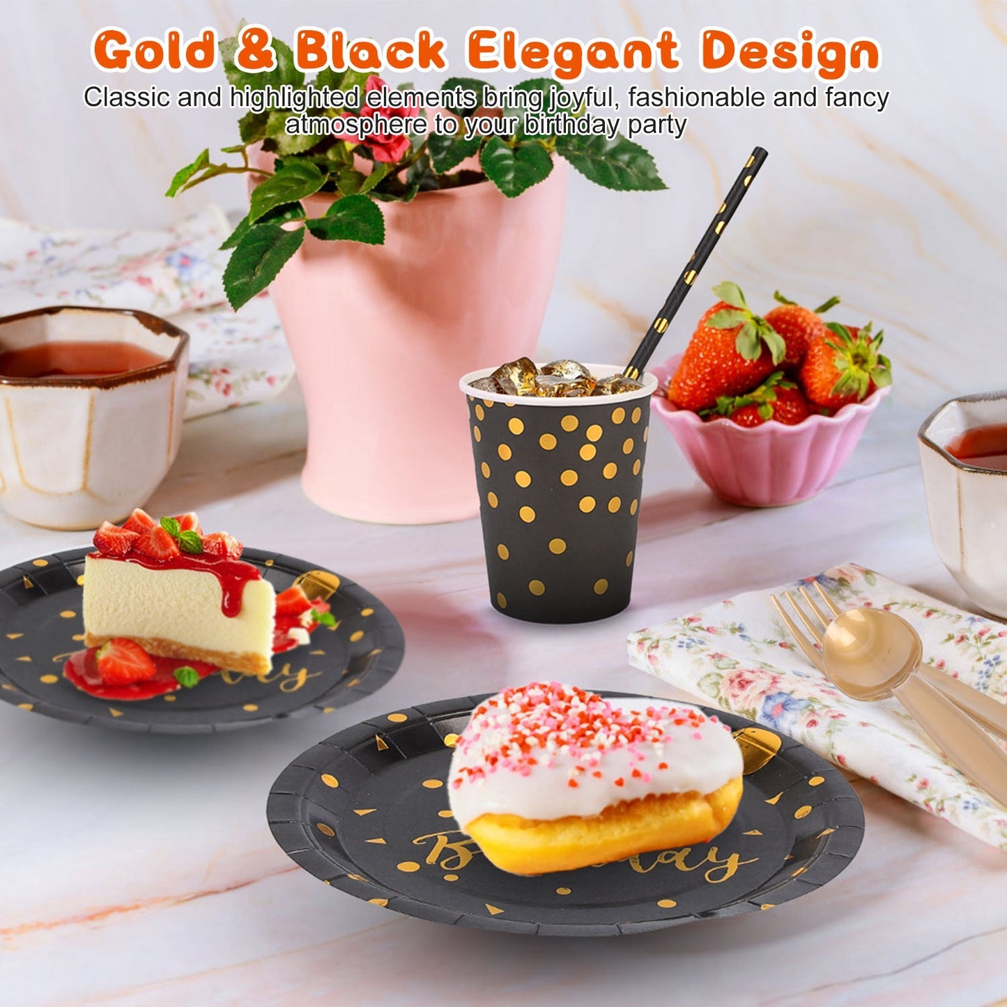 201PCS Black Gold Birthday Party Supplies For 25 Guests