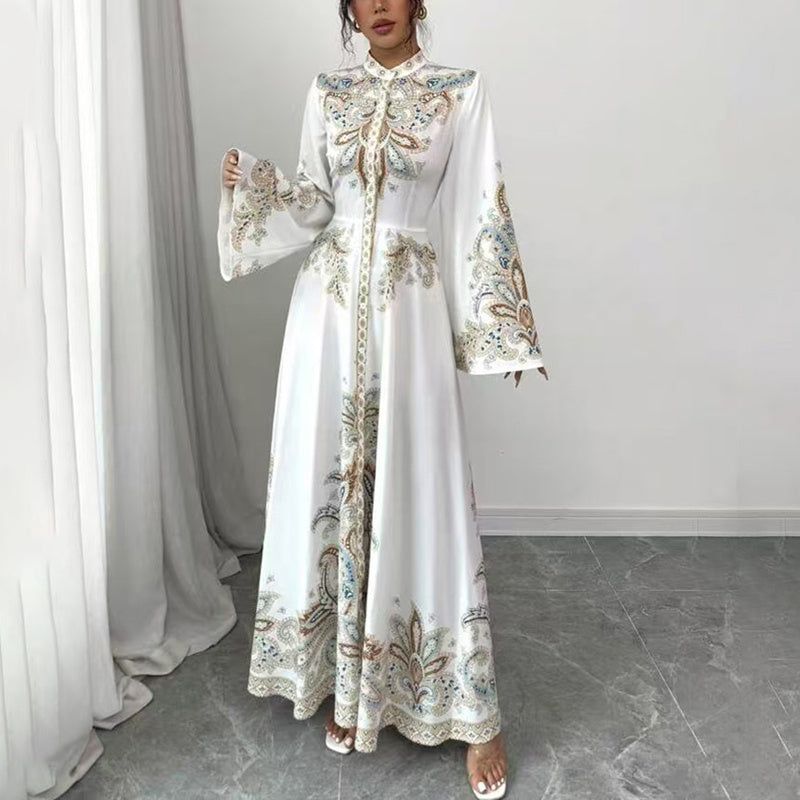 Elegant High-Neck Floral Maxi Dress - Long Flowy Sleeves, Modest A-Line Middle Eastern Style Gown Vacation & Party Dress For Women