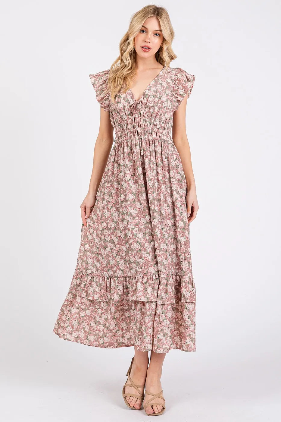 Mittoshop Flower Print Ruffle Cap Sleeve V-neck Midi Dress