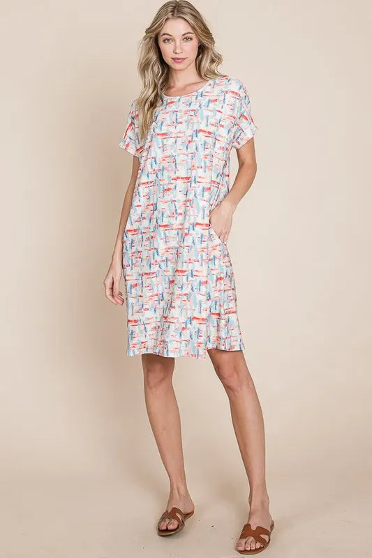 BOMBOM Printed Round Neck Short Sleeve Tee Dress