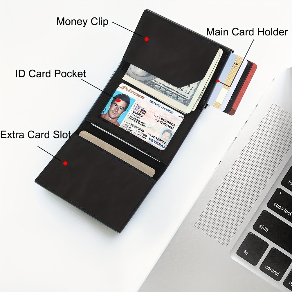 Men’s Tri-Fold Wallet with AirTag Card Slot – RFID Blocking Smart Pop-up Credit Card Holder
