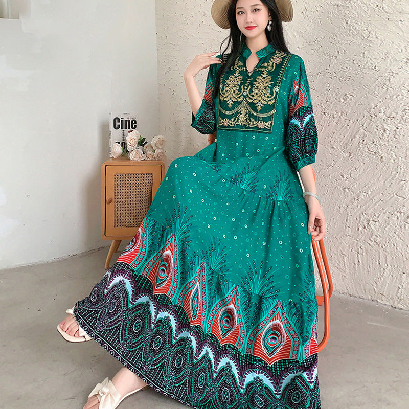 Ethnic Style Dress, Women's Summer Cotton Silk Floral Print