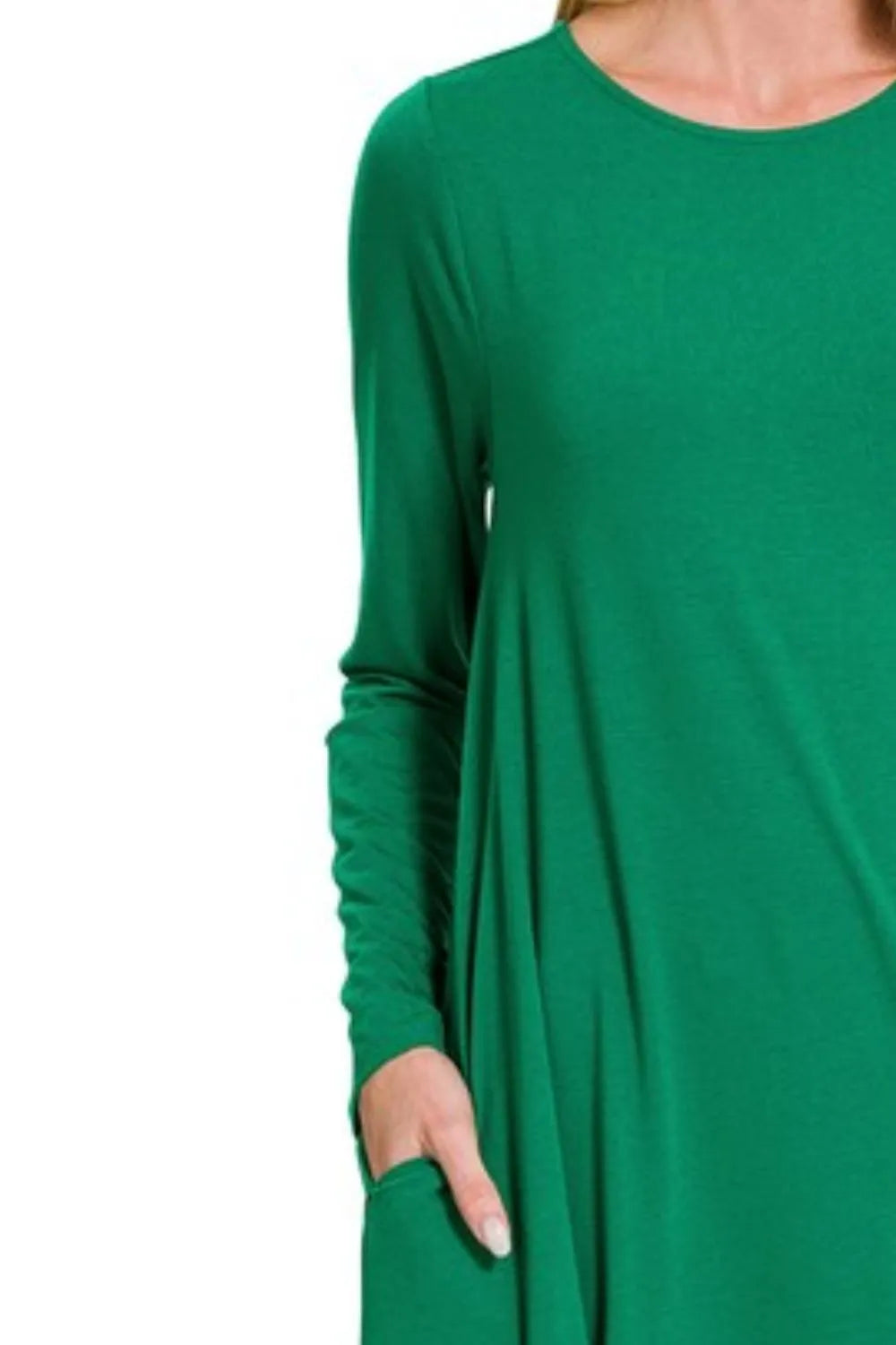 Zenana Long Sleeve Flare Dress With Pockets