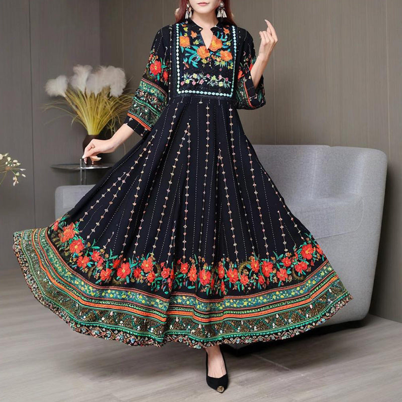 Women's Ethnic Style V-Neck Long Sleeve Dress