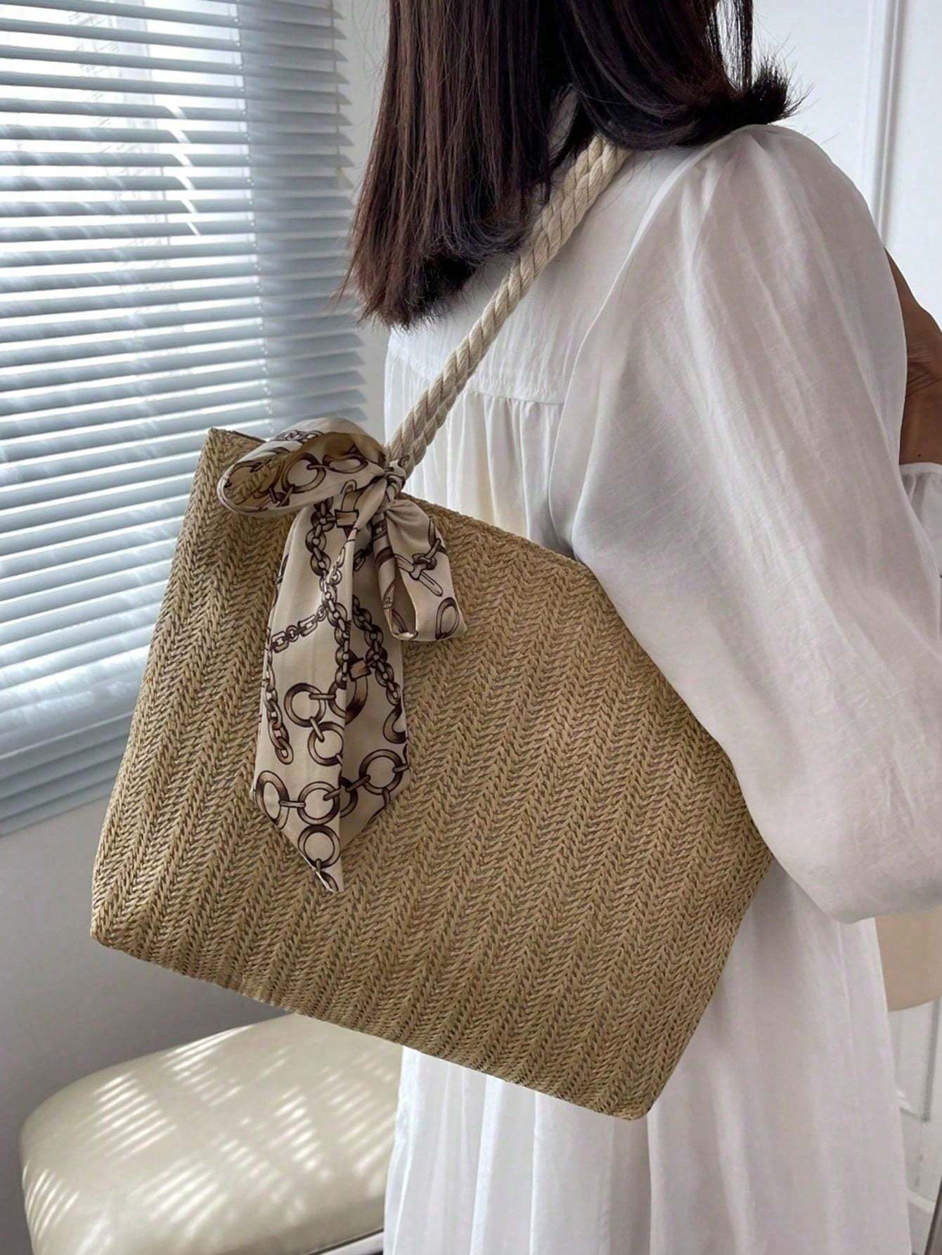 Women’s Large-Capacity Tote Bag – Straw Casual One-Shoulder Underarm Handbag