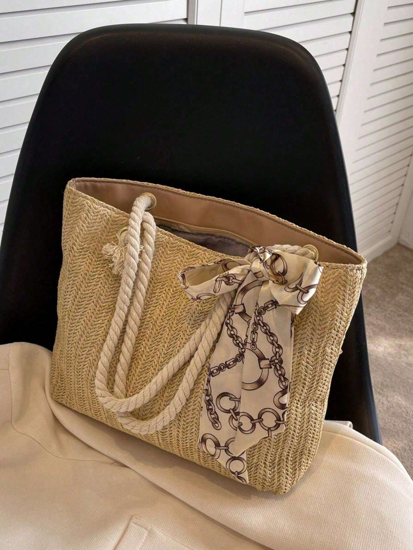 Women’s Large-Capacity Tote Bag – Straw Casual One-Shoulder Underarm Handbag