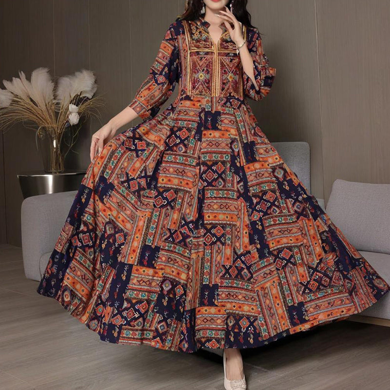 Women's Middle Eastern Style Long Sleeve Dress - Geometric Print V-Neck Embroidered Maxi Dress Boho Vacation Dress