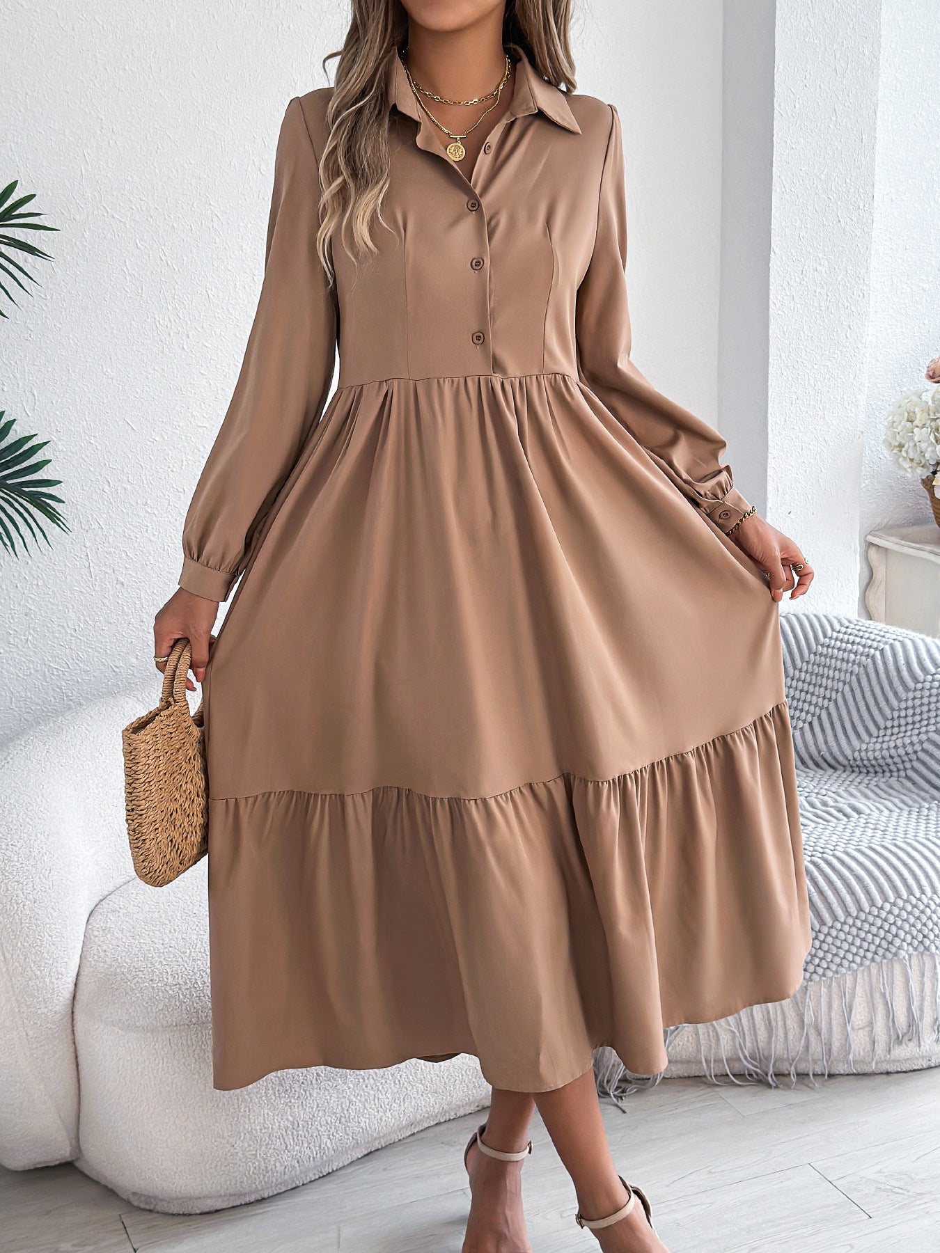 Women's Lapel Casual Loose Long Sleeve Ruffled Shirt Dresses