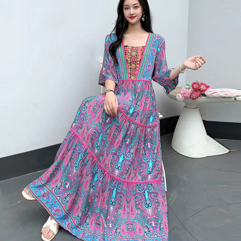 Summer Vintage Cotton Silk Ethnic Style Embroidered Dress Women