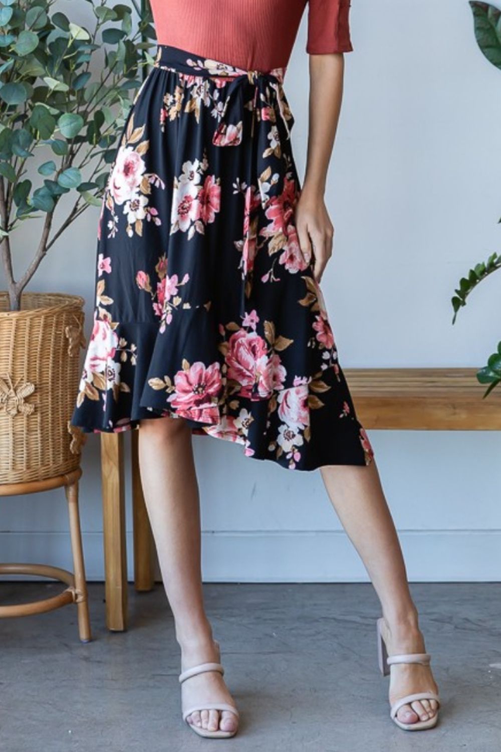 Reborn J Floral Wrap Ruffle Hem Dress