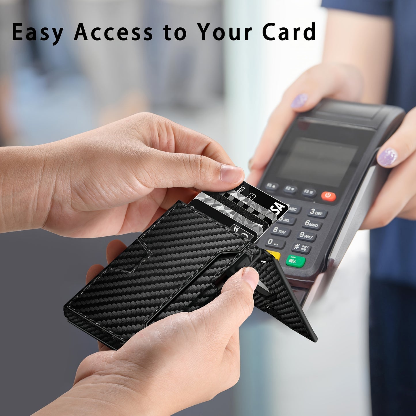 Men’s Carbon Fiber RFID Bi-Fold Wallet – Minimalist Black Credit Card Holder with Pop-Up Aluminum Slot & AirTag Holder