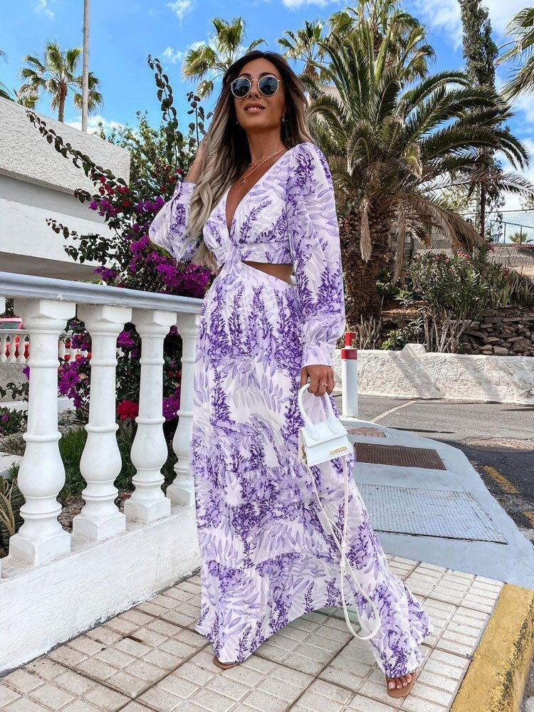 Elegant Women's Hollow Floor V-neck Long-sleeved Plant Dress