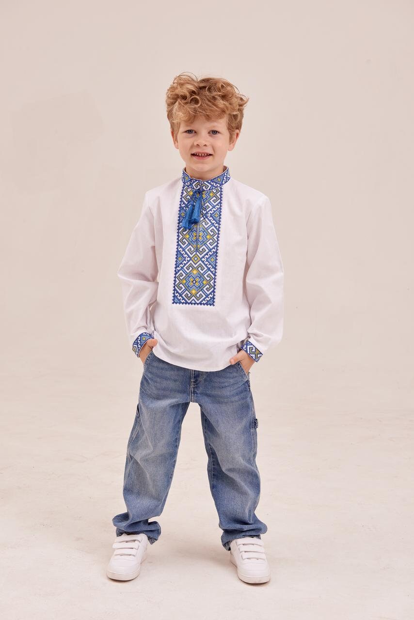 Boys’ Ukrainian Embroidered Shirt “Miron” – White Cotton Vyshyvanka with Red and Black Ornament (5–12 yrs)
