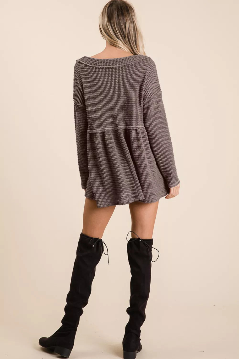 BiBi Waffle Knit V-Neck Babydoll Blouse