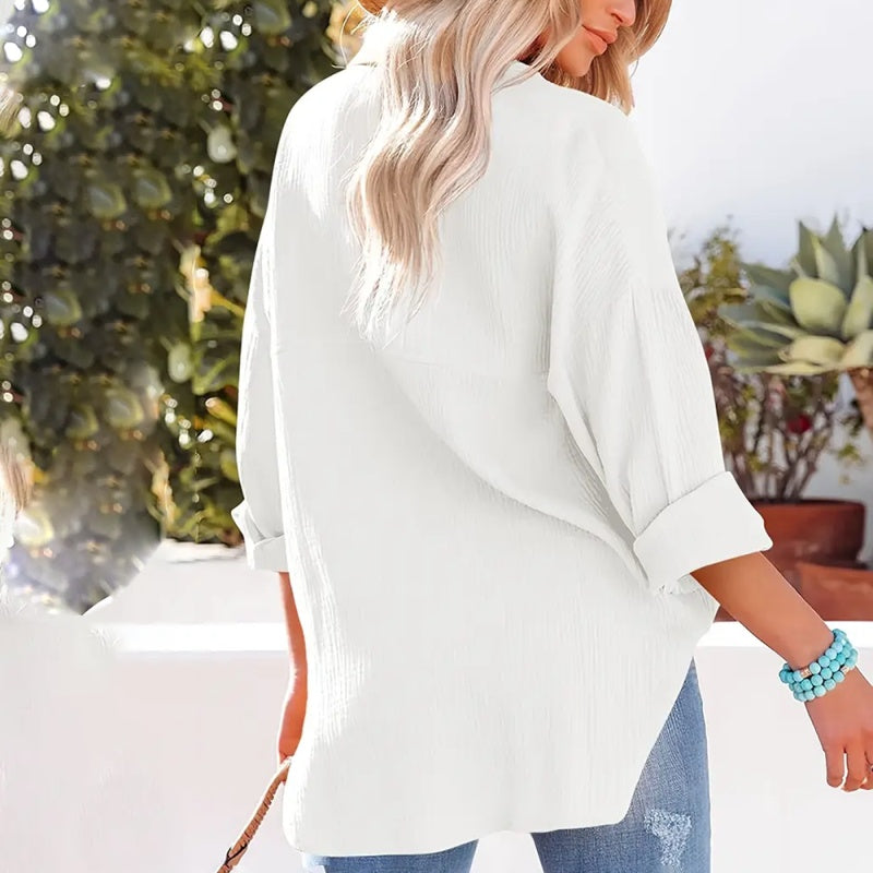 Women's Solid Color V-Neck Long Sleeve Blouse - Textured Button-Up Shirt