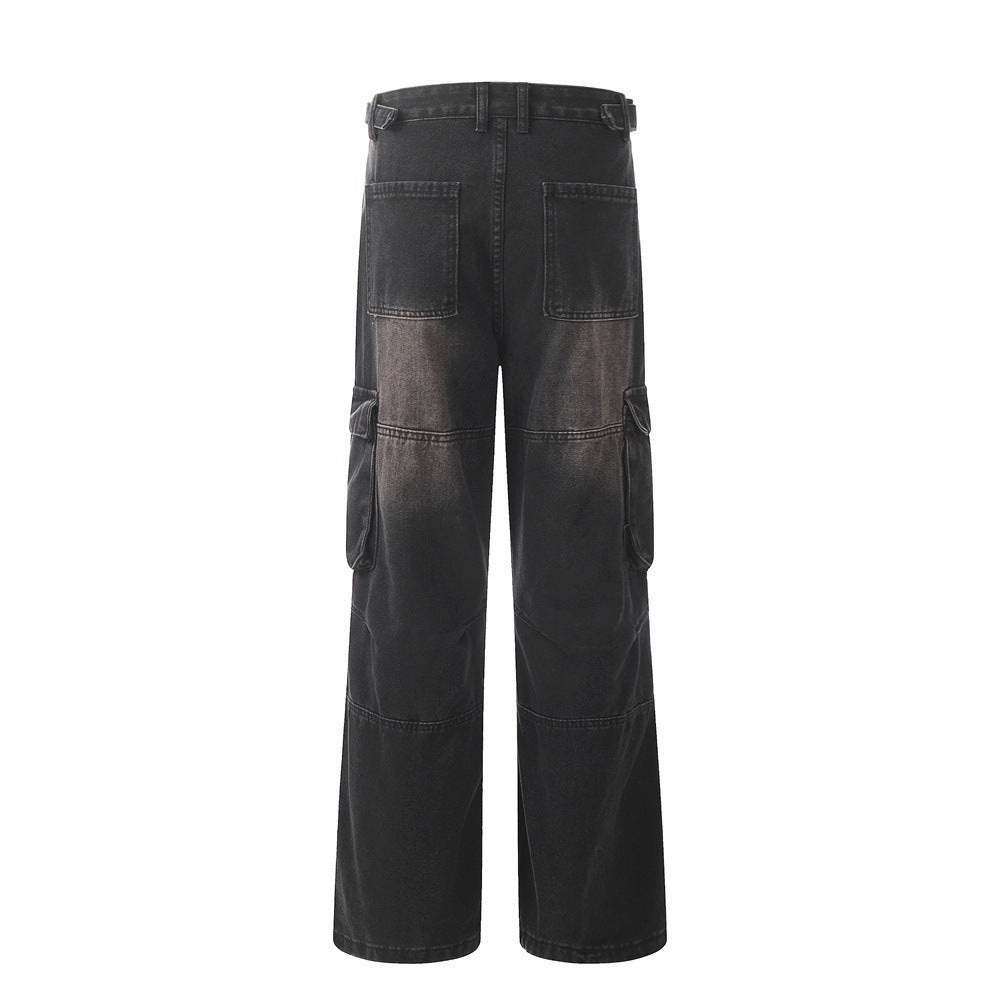 Punk Old Wash Denim Cargo Pants Trousers Men