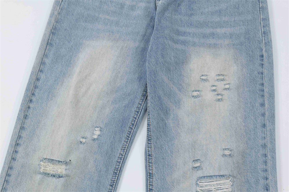 Make Old Ripped Denim Straight Pants Men