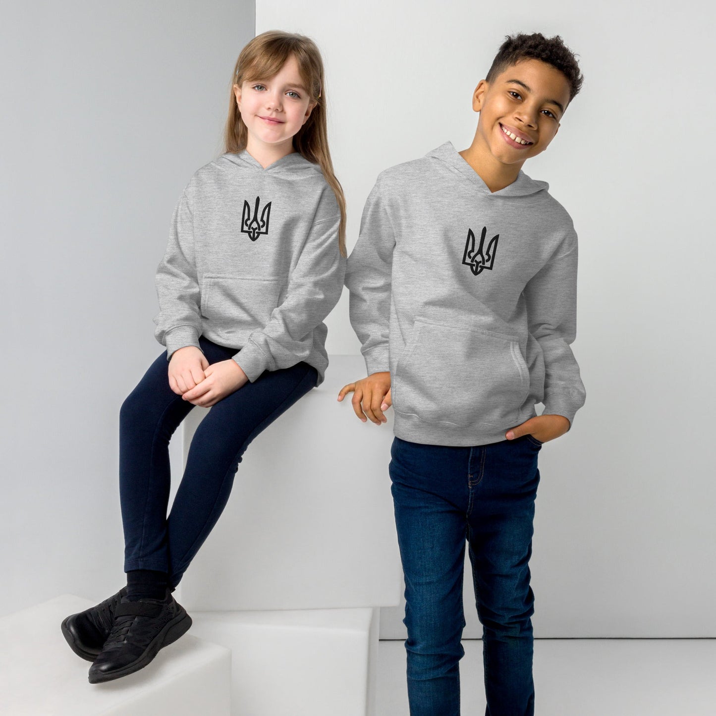 Kids fleece hoodie with Ukrainian Tryzub