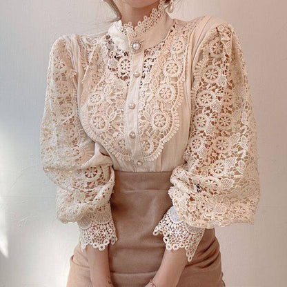 Elegant Women's Vintage Pearl Button Lace Blouse