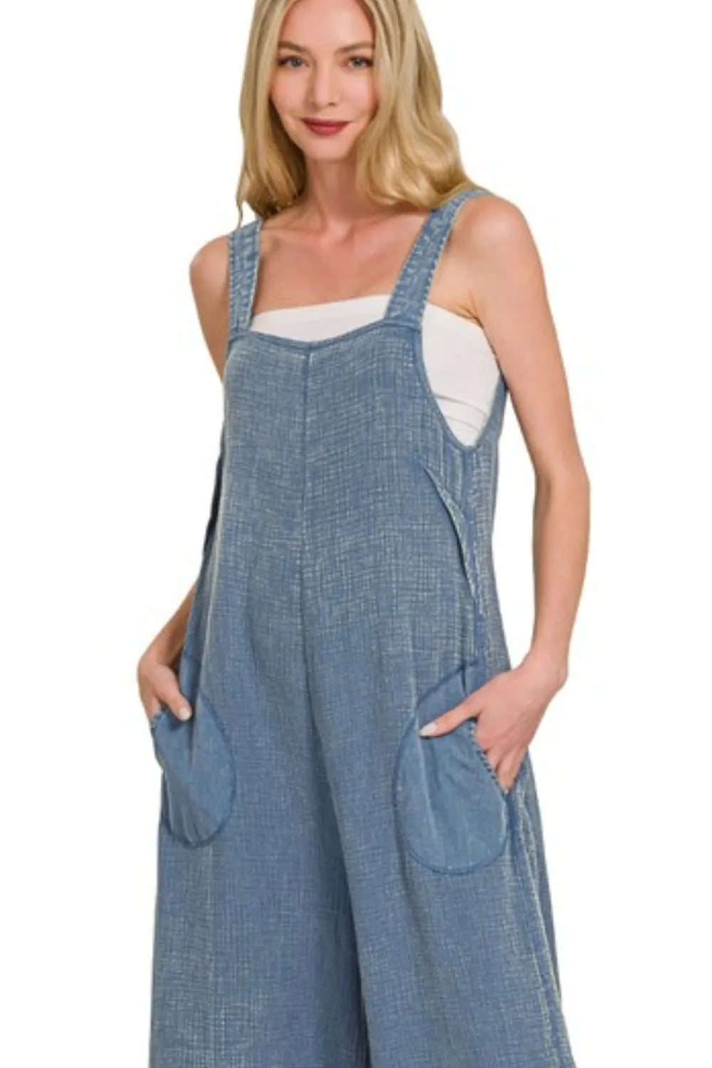Zenana Double Gauze Washed Wide Leg Overalls