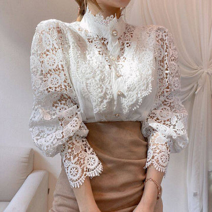 Elegant Women's Vintage Pearl Button Lace Blouse