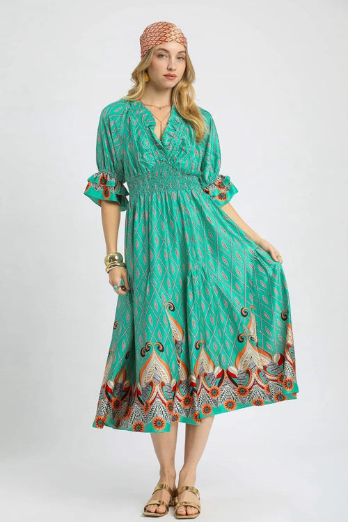 Umgee Printed Smocked Waist Flounce Sleeve Midi Dress