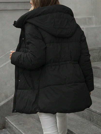 Casual Adjustable Waist Quilted Mid-Length Hooded Padded Padded Coat Clothes Winter For Women
