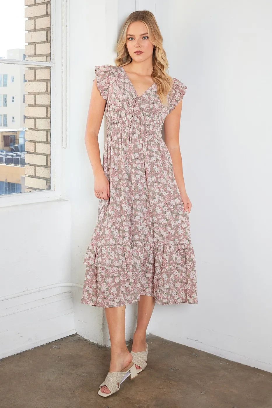 Mittoshop Flower Print Ruffle Cap Sleeve V-neck Midi Dress