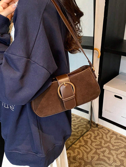 Women’s Retro Suede Saddle Bag – Solid Color Dual Strap Shoulder & Crossbody Purse