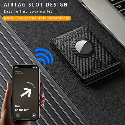 Men’s Carbon Fiber RFID Bi-Fold Wallet – Minimalist Black Credit Card Holder with Pop-Up Aluminum Slot & AirTag Holder