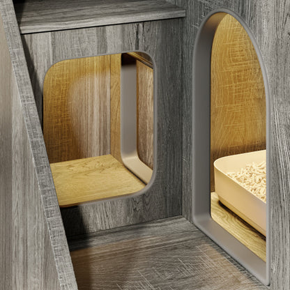 GO Cat Litter Box Enclosure With Light , Hidden Litter Box Furniture With 2 Storage Drawers, Indoor Cat House Side Table For Living Room