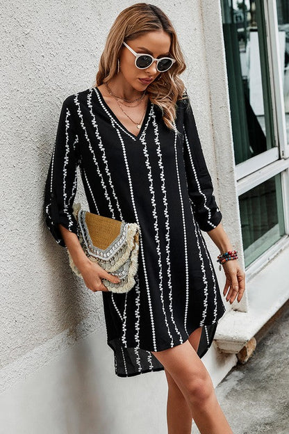 Striped Print Roll Tab Sleeve Tunic Loose Dress
