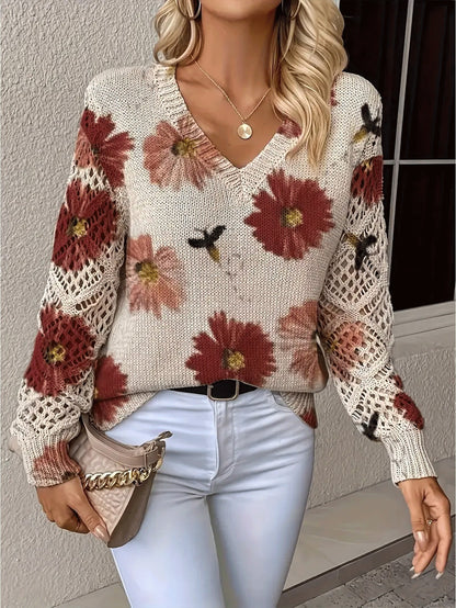 Elegant Bohemian Floral V-neck Long Sleeve Fashion Printed Sweater