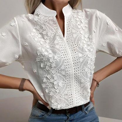 Women's V-Neck Embroidered Lace Short Sleeve Top