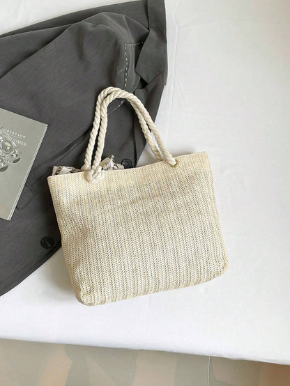 Women’s Woven Straw Tote Bag – New Style Large Capacity Handbag with Silk Scarf