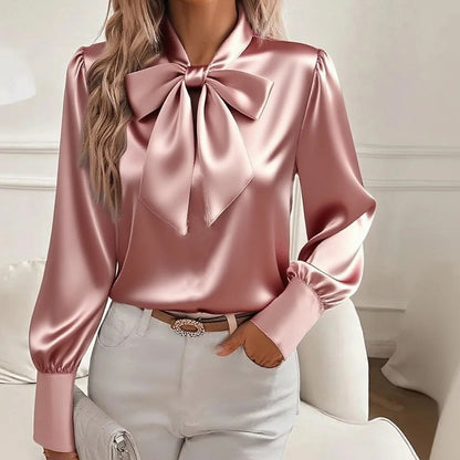 Women's Solid Color Satin Long Sleeve Casual Shirt With Bow Decor Blouse