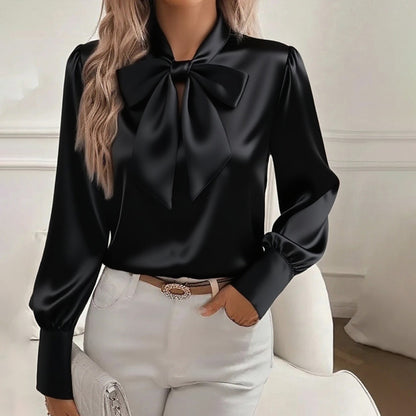 Women's Solid Color Satin Long Sleeve Casual Shirt With Bow Decor Blouse